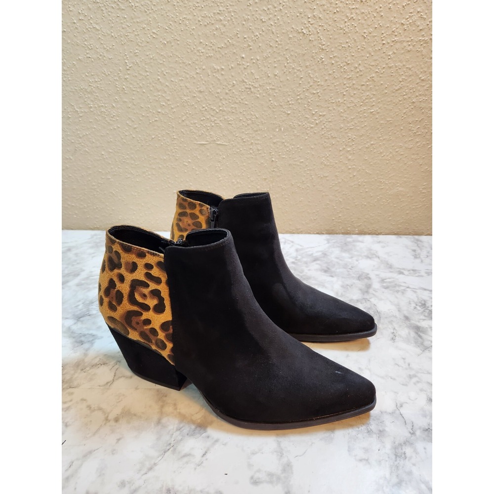 Centro Point Womens 9.5 Black Leopard Ankle Boots Pointed Toe Block Heel Zip